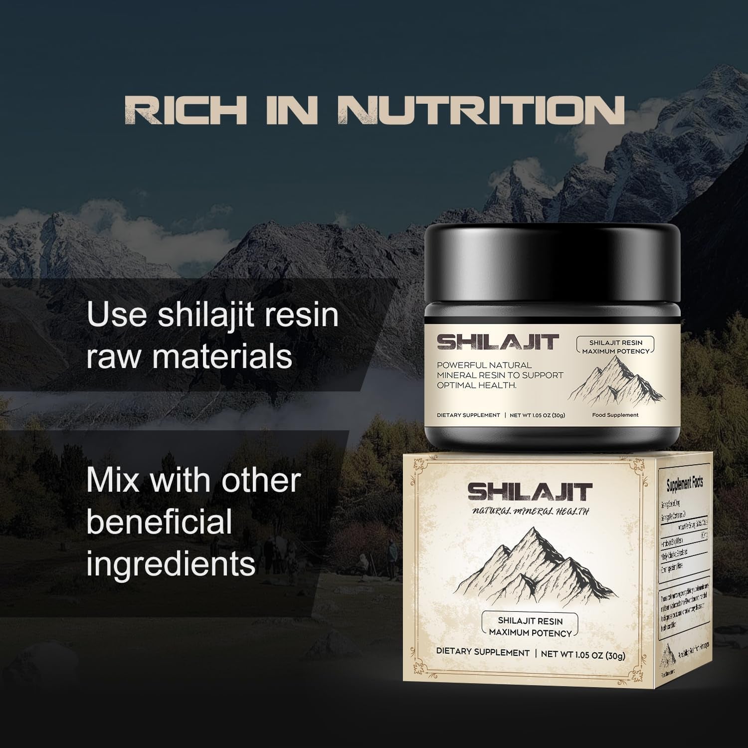 Shilajit Resin,  Pure Himalayan Shilajit Resin 600Mg with 85+ Trace Minerals Complex Beverage for Energy Support, 30 Grams a Box for Suggust 2 Months