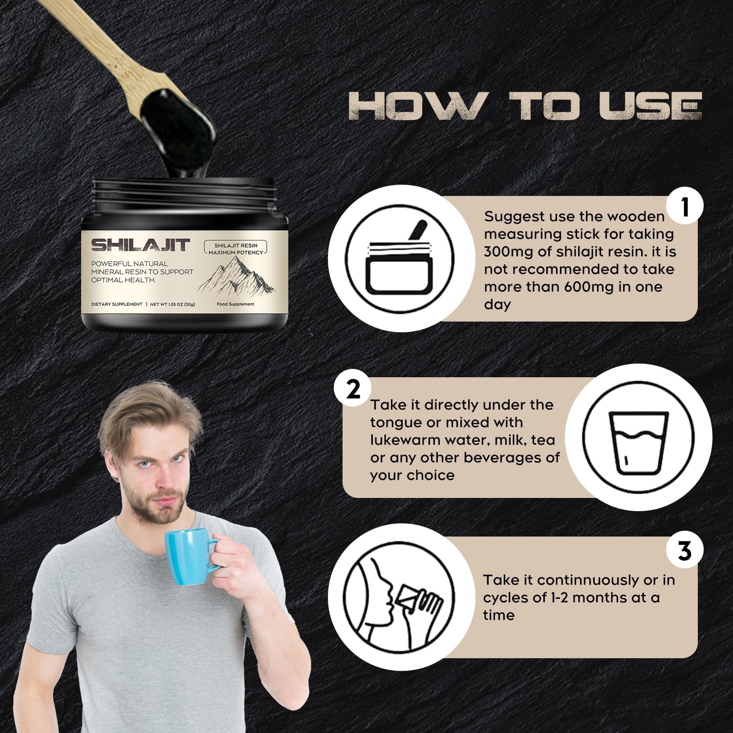 Shilajit Resin,  Pure Himalayan Shilajit Resin 600Mg with 85+ Trace Minerals Complex Beverage for Energy Support, 30 Grams a Box for Suggust 2 Months